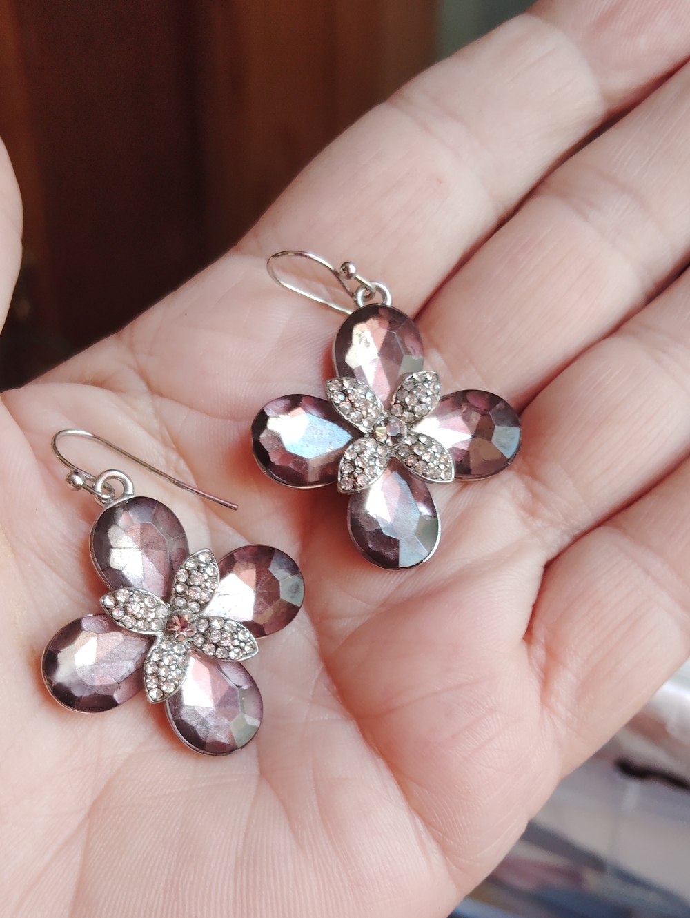 BIG Pink Gray Crystal Flower Pierced Earrings Amber Glow Sparkling Center